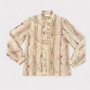 Vintage COS COB Ruffle Blouse Ivory Stripe Print Brown Blue 70s Women's Medium M